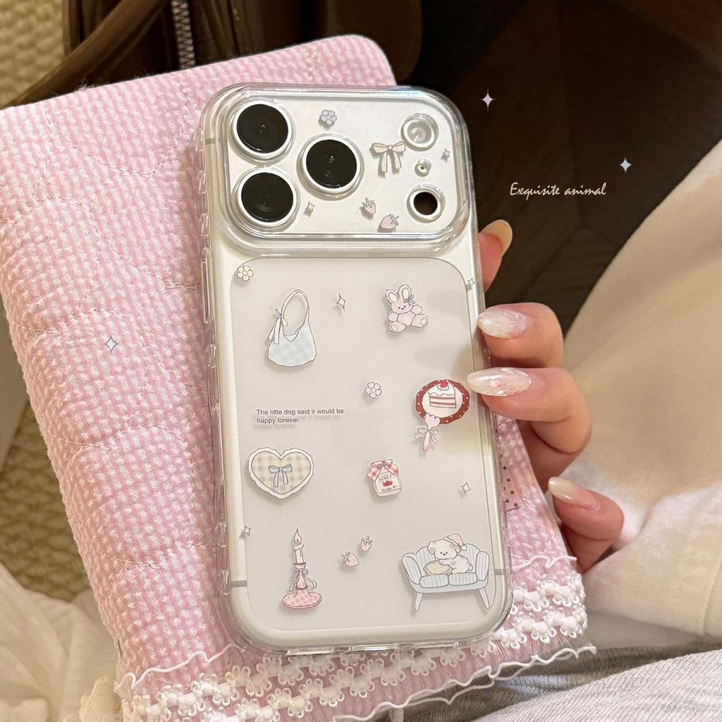 Transparent Collage-Style Cartoon Phone Case for iPhone 13-17 Pro Max in Soft, Cute Korean Style