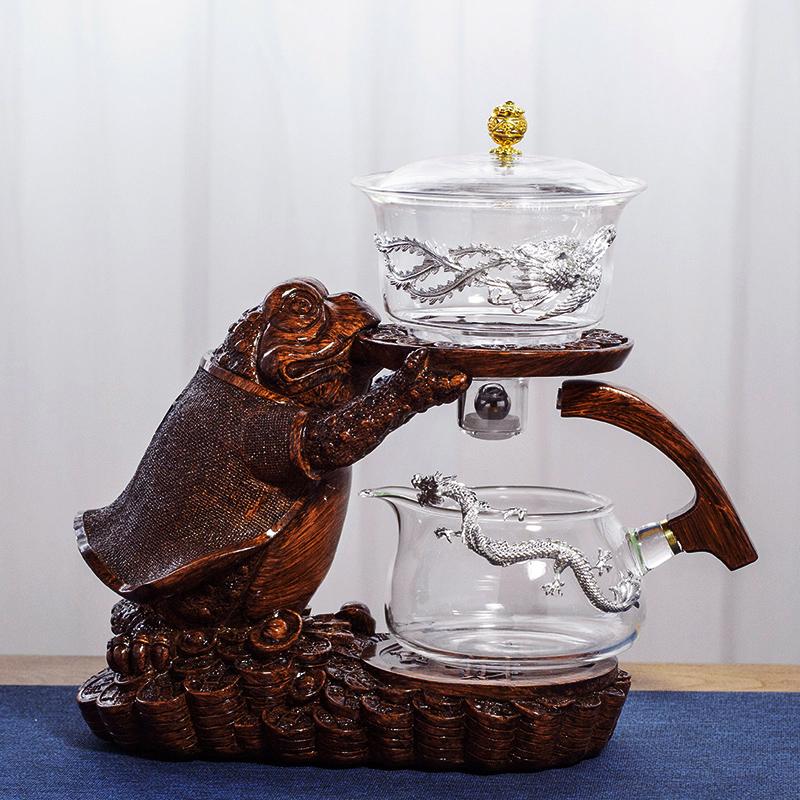 Kreativní konvička ve tvaru čajové žáby Automatický čajovar Konvička a šálek na čaj Pu'er Oolong Žáruvzdorná skleněná konvička Podstavec