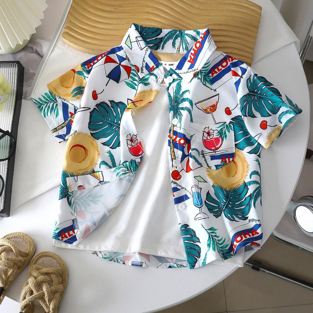 Boys' Beach Vacation Style Shirt - Summer Children's Stylish Loose Short-Sleeved Shirt