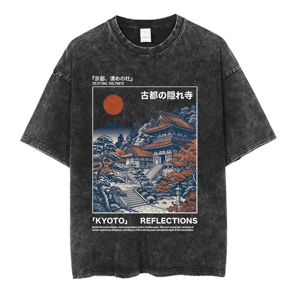 Hot Osaka Dotonbori Japan Illustration Doublesided Print Tshirts Vintage Washed Japanese Style Cityscape Cotton Top Tee