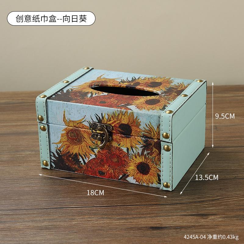 Originalität Ölgemälde von Blumen quadratisch Taschentuchbox Leder Aufbewahrungsbox Wohnzimmer Schreibtisch abgedeckte Papierbox