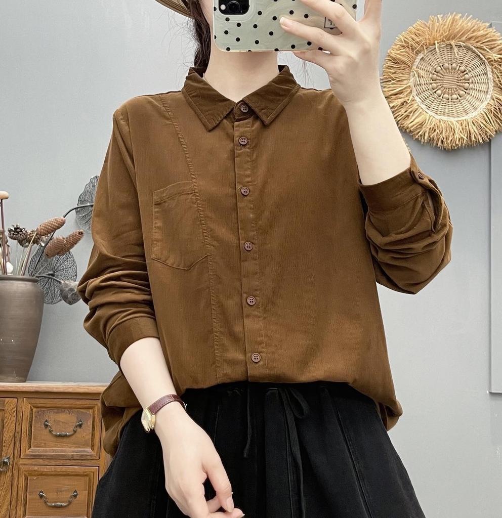 Korean Design Solid Corduroy Cardigan Women's Slimming Top, Long Sleeve Spring 2026 Casual Shirt