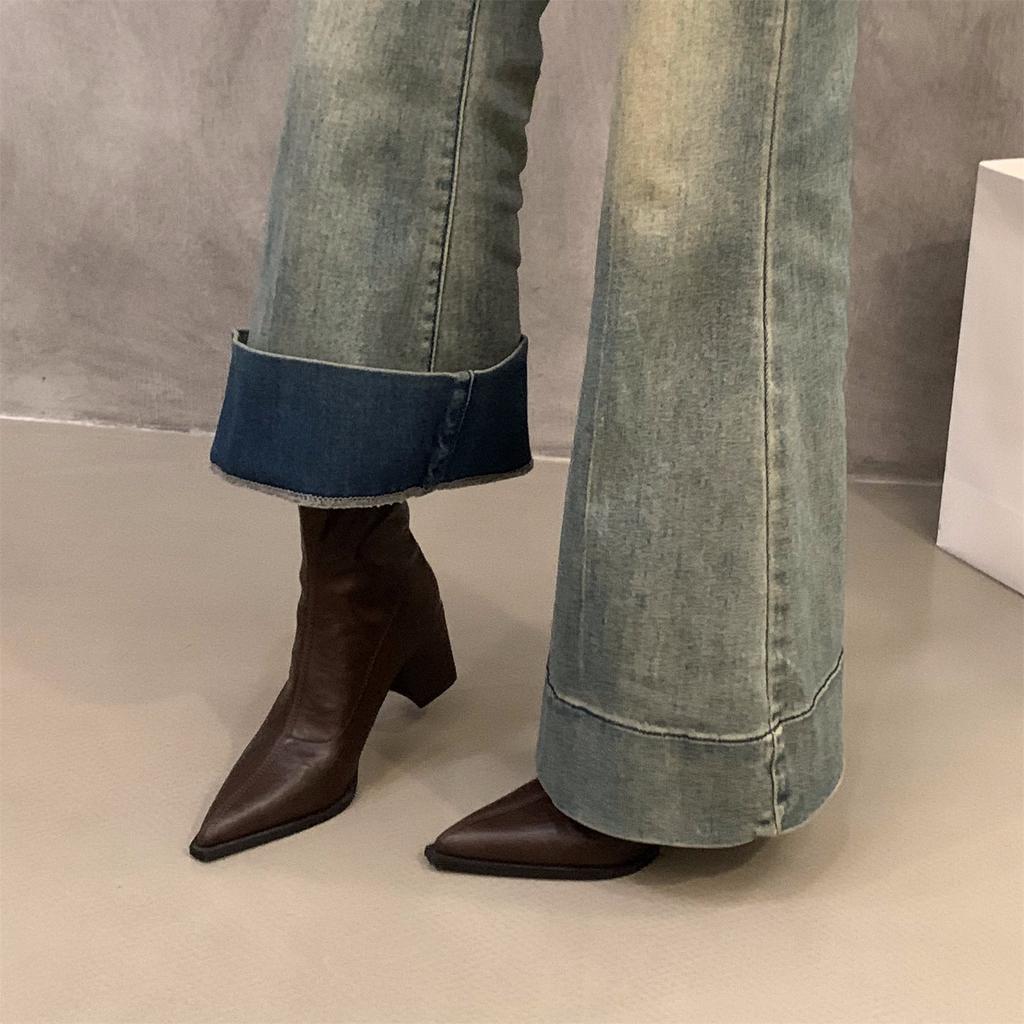 High Heel Coarse Heel Pointed French Small Ankle Boots Women's Shoes 2025 Autumn and Winter Brown Fleece Martin Boots Skinny Short Boots