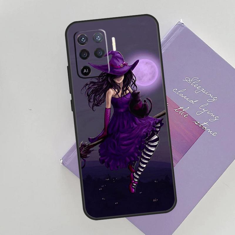 Halloween Witch Cat Phone Case For Oppo A96 A76 A16 A74 A53 A54 A94 A15 A17 A52 A72 A57S A58 A78 A98 A79 Cover