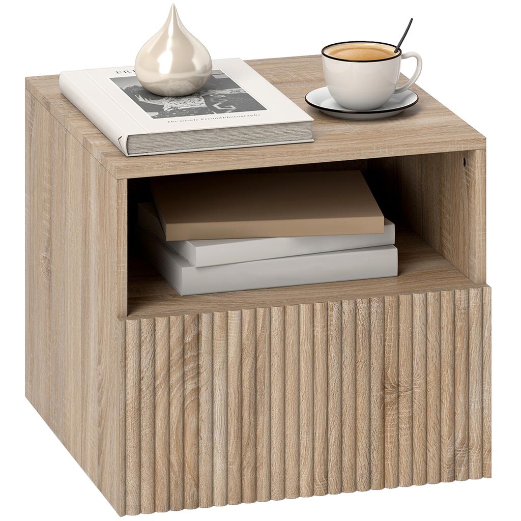 Nightstand, Handle-Free Design, Open Compartment, Drawer, Wall Mounted, Light Brown