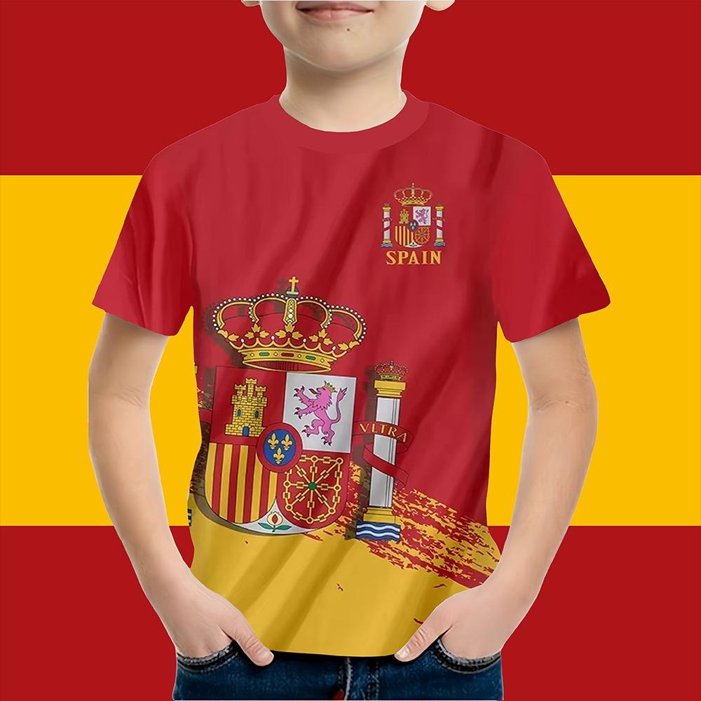 Boys Clothes Spanish Flag Graphic T-Shirt Vintage Casual Short Sleeved Kids Clothes 2-14Y Summer Outdoor Spanish Child Top Tee
