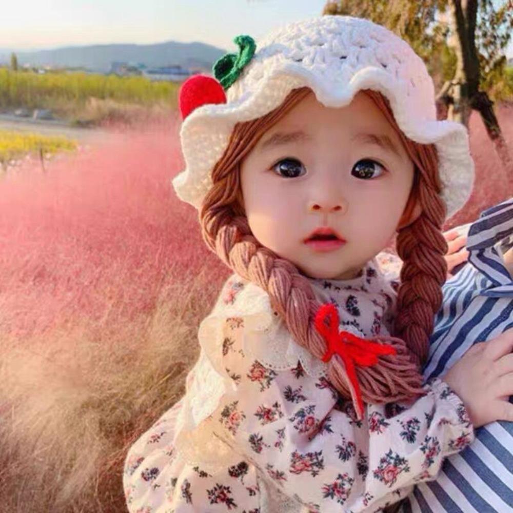 Cute Cartoon Wig Knitted Hat Cherry Wool Baby Beanie Cap Bow Korean Style Kids Warm Hats Newborn