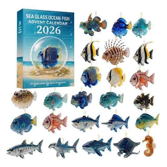 Christmas Advent Calendar Ocean Animal Calendar,24Pcs Acrylic 2D Ornament Set with Turtle Penguin Shell Fish Decor Sea Turtle/Shell/Fish/Penguin/Shark