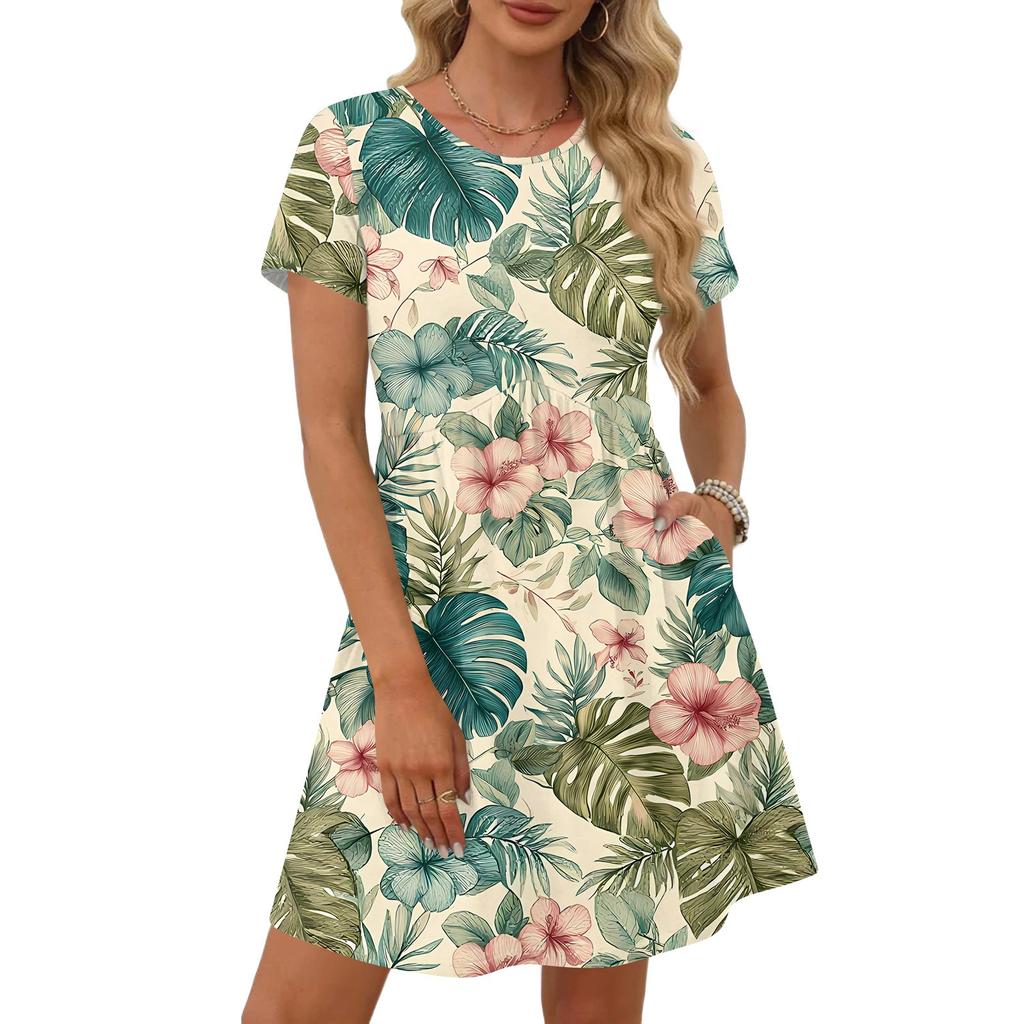 Dresses For Women Short Sleeve Print Round Neck Casual Dresses Waist Dress With Pockets