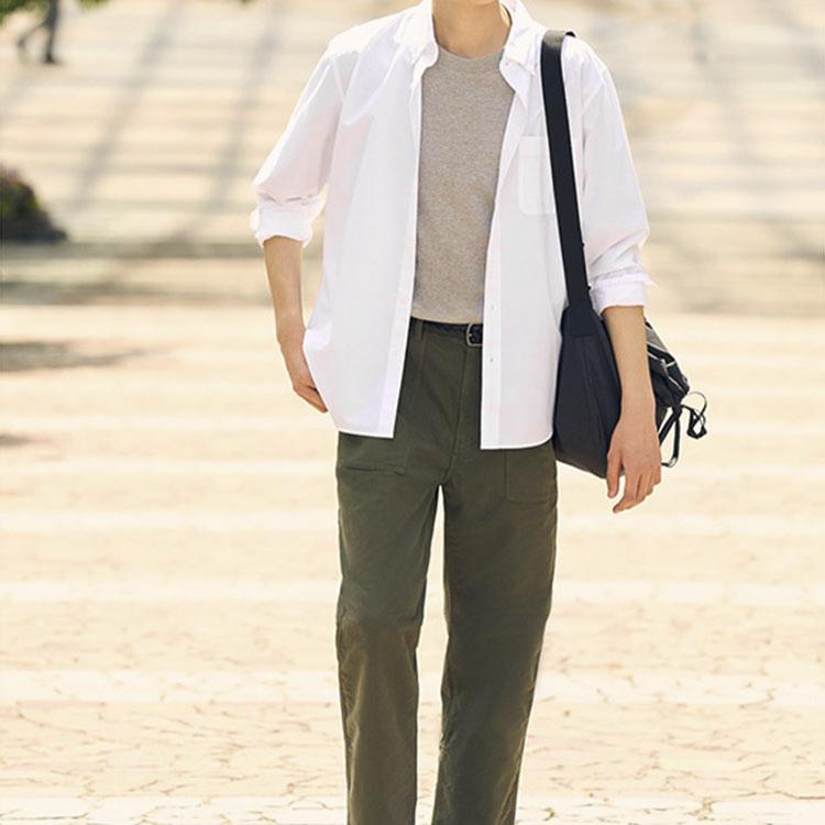 Uniqlo Solid Color Single-Breasted Casual Long Sleeve Shirt Men Shirts White 460980-00