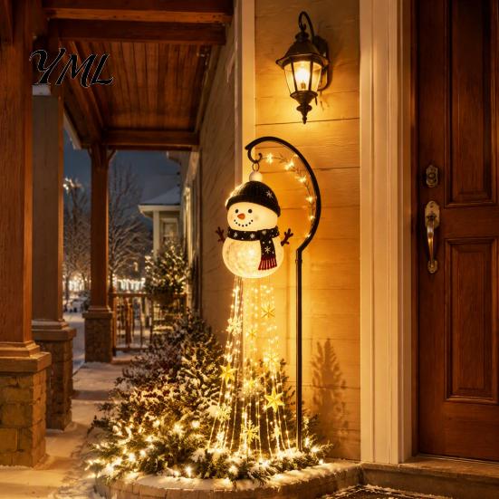 Decorative Resin Snowman Ground Stakes Solar Garden Stake Light, Flowing Waterfall LED Fairy Light with Festive Winter Courtyard Decor Star Snowflake,