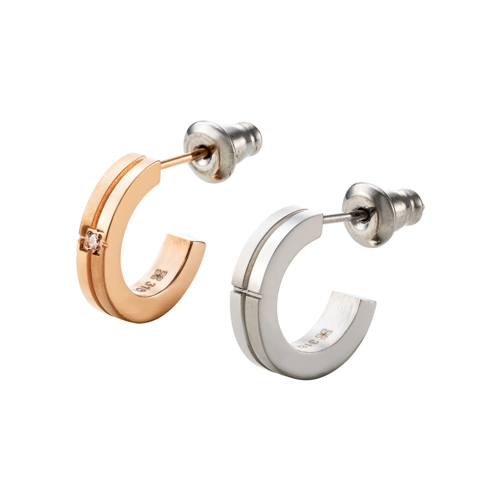 

Earrings Surgical Stainless Steel Diamond Half Hoop Cross Matte Pink Silver Set of 2 [White Clover] & 4SPE002GO&4SPE003SV