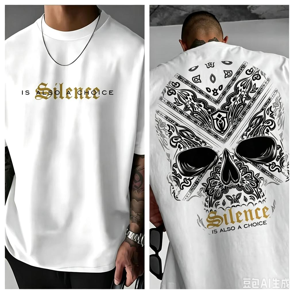 2026 New Unisexs Clothing Tshirt Bold Pattern Back Print with Skull and Cross Bone DesignSilence Is Also A Choice Text Summer