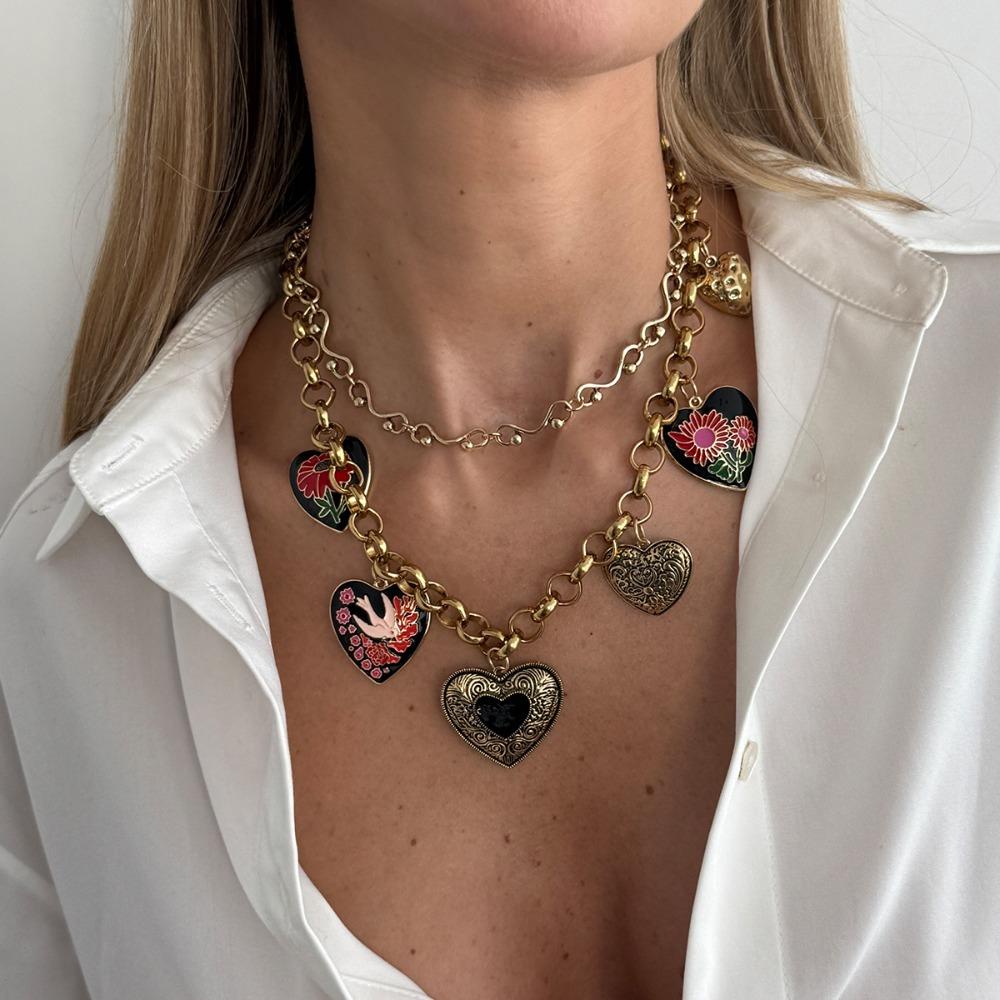 Metal Chain Heart Pendant Necklace Floral Bohemian Collarbone Chain Multi Layer Choker  Girls