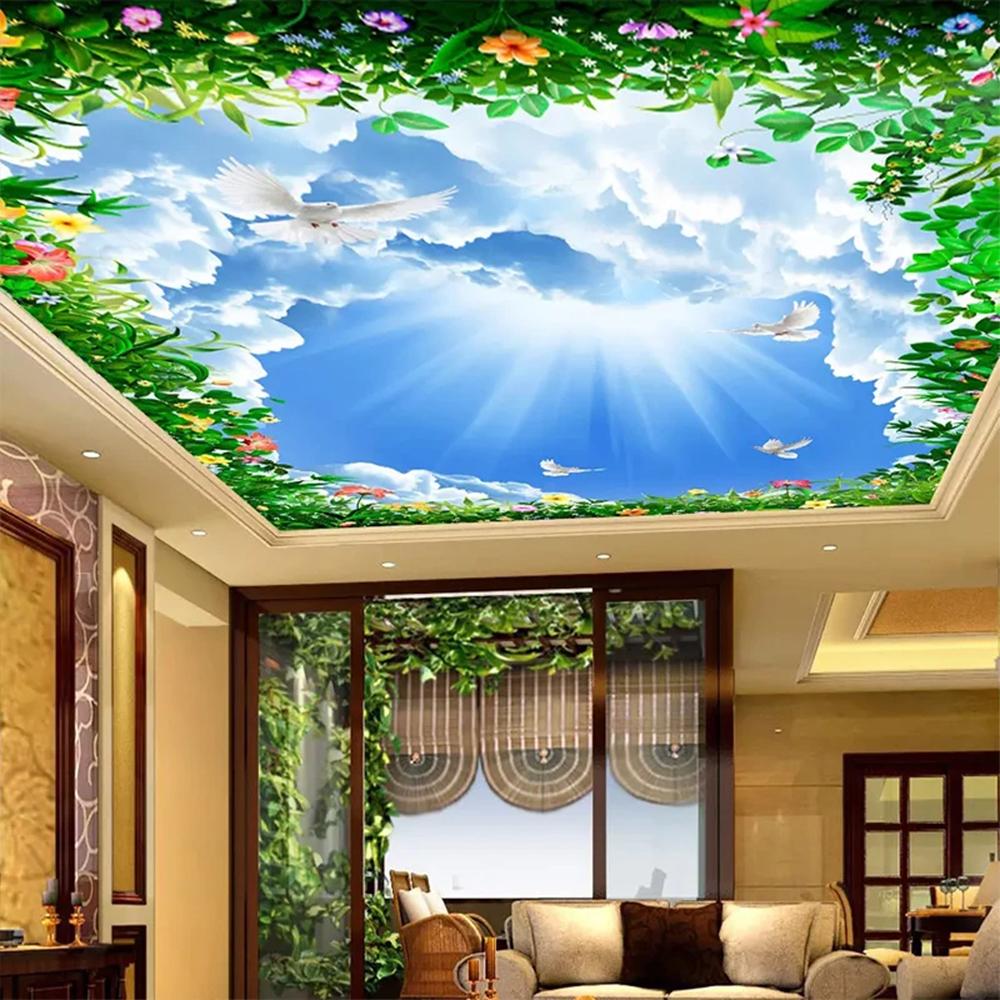 3d Blue Sky Wallpaper White Clouds Ceiling Mural Living Room Bedroom Hotel 3d Ceiling Wallpaper