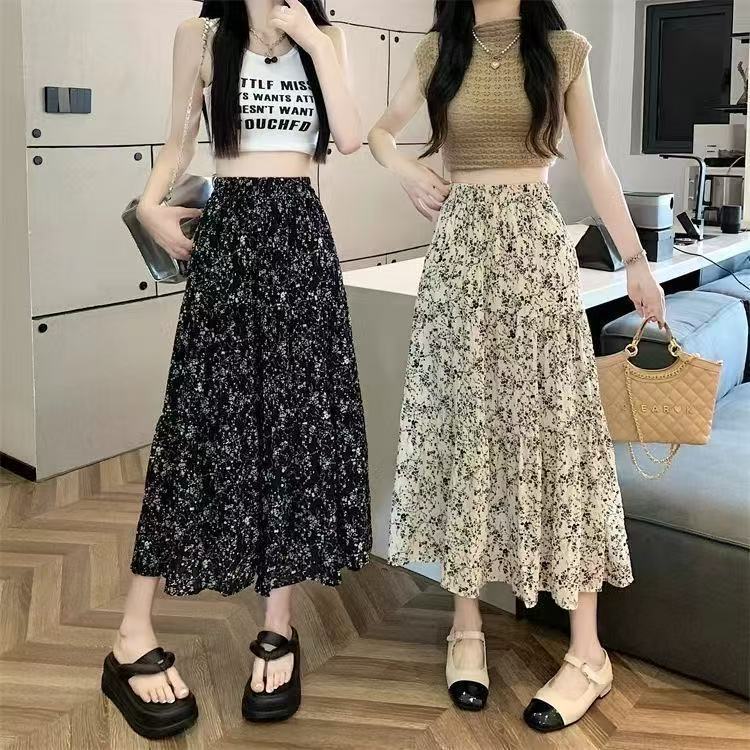 Summer Chiffon Floral High-Waist Slim Fit Midi Skirt - Versatile A-Line Flared Design Elegant Tiered Ruffles Breathable Lightweight Fabric