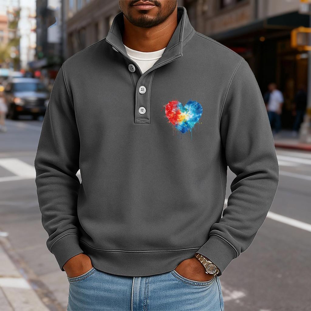 Men's Casual Stand-Up Collar Long-Sleeve Top Print Button-Down Sweatshirt