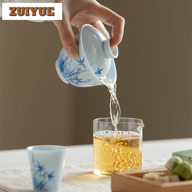 150ml Hand Drawn Blue Bamboo Gaiwan Aesthetic Tea Tureen Tea Bowl With Lid Kit Tea Maker Cover Bowl Cha Supplies Ornaments Gift