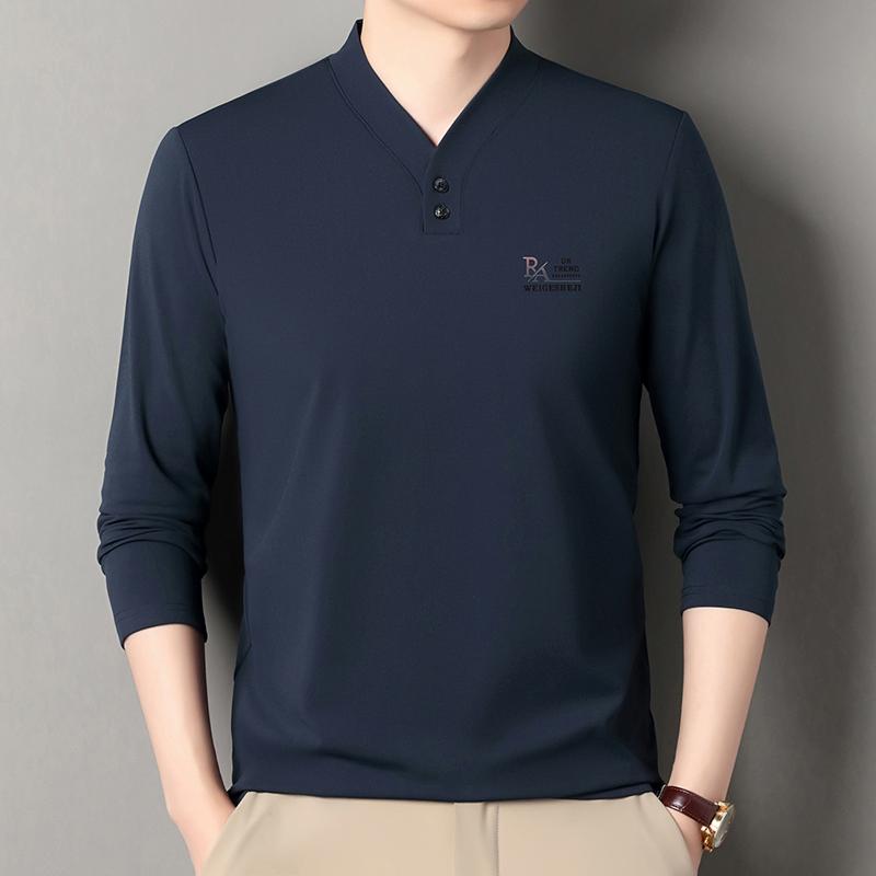 High End Brand Quality Men'S V-Neck T-Shirt Autumn Fashion Solid Color Print Long Sleeve Comfortable Casual Exquisite Menswear