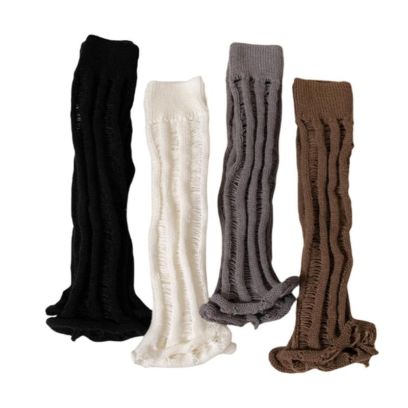 Subcultures Fall Knitted Flared Leg Warmers Harajuku Ripped Hole Solid Color Foot Covers Calf Length Socks for Women