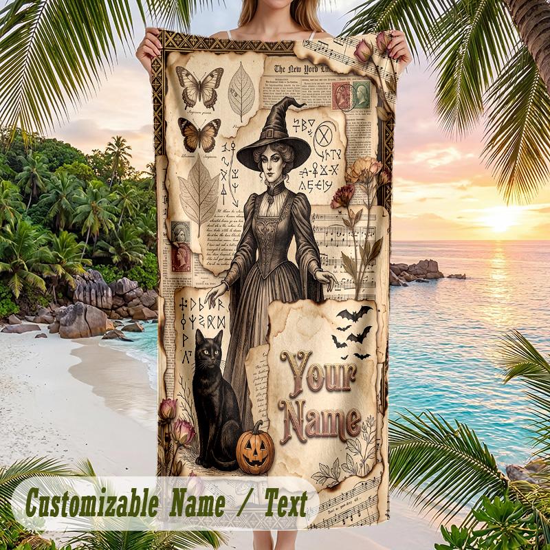 Witchcraft Theme Beach Towel Personalized Custom Name & Text Soft Quick Dry Beach Towel for Swimming Travel