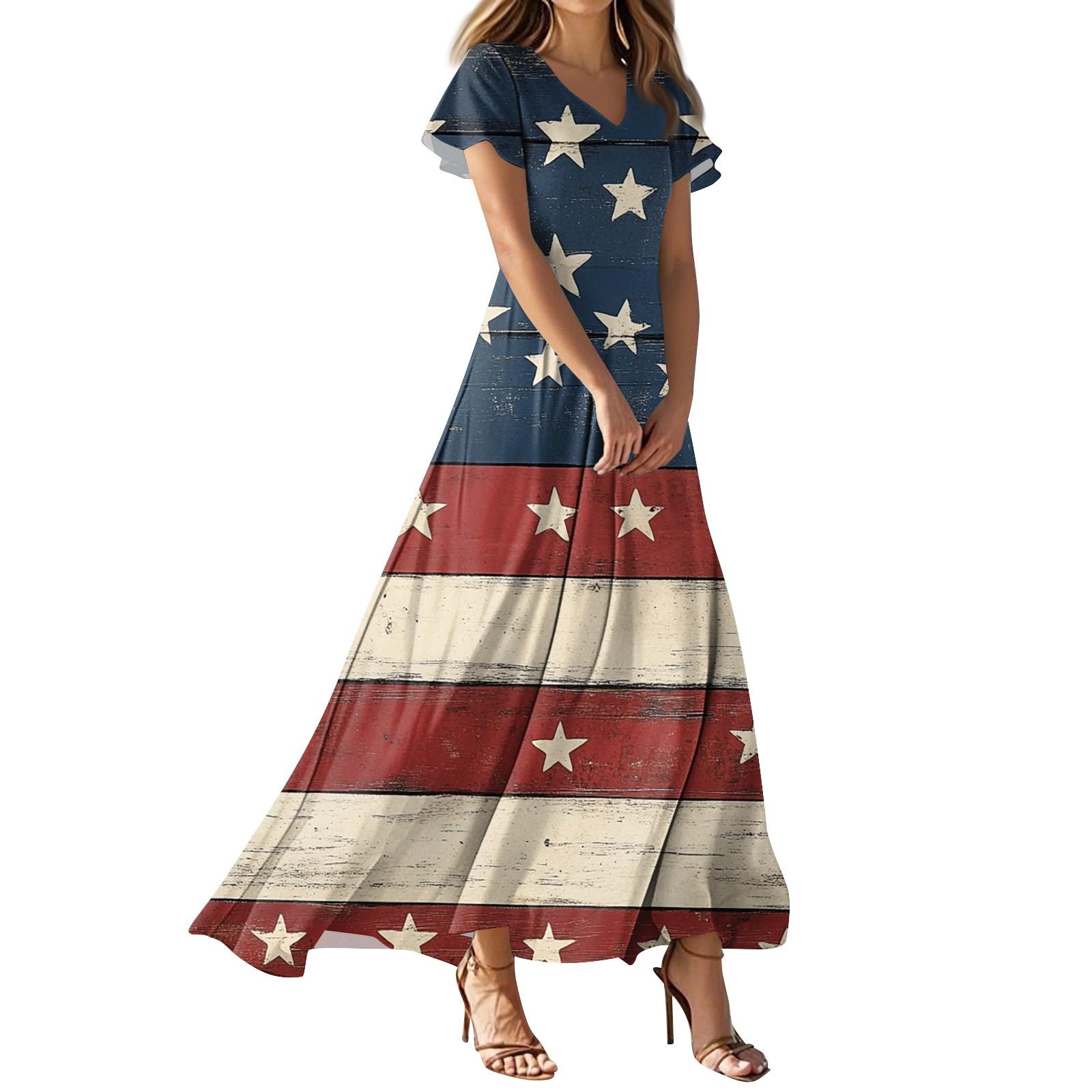 

Женское повседневное платье с принтом флага Дня независимости, V-образным вырезом, короткими рукавами и высокой талией XS винный