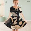 Girls Short Sleeve Round Neck Abstract Printed A Line Flared Dress Black Khaki