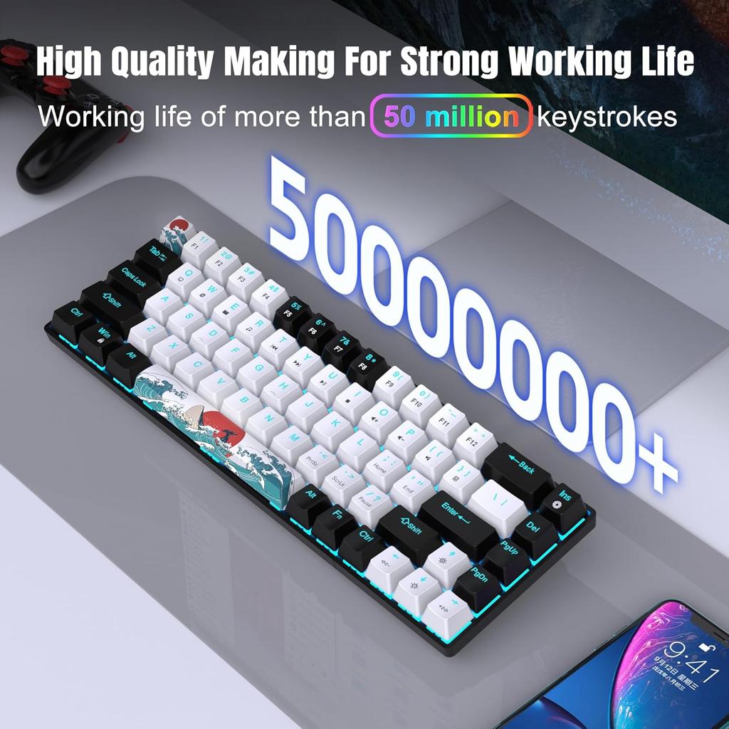 68 Keys 60% Mechanical Gaming Keyboard Hot Swappable Blue Switch Ice Blue Backlight Detachable USB-C Cable For Windows Mac Linux