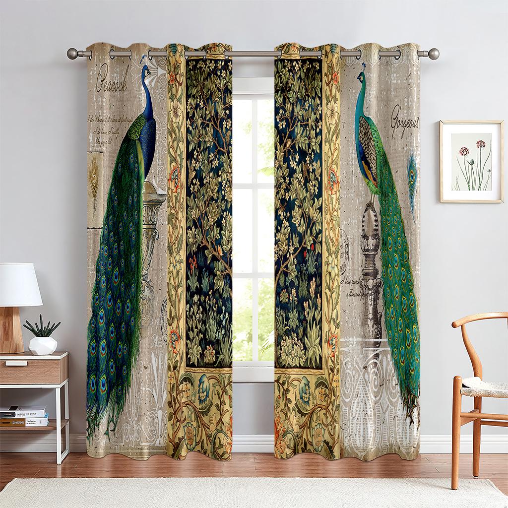 Classic Peacock Print Curtain Blue Embossed Effect 2 Panel Fit Living Room Bedroom Balcony Kitchen Window Decor