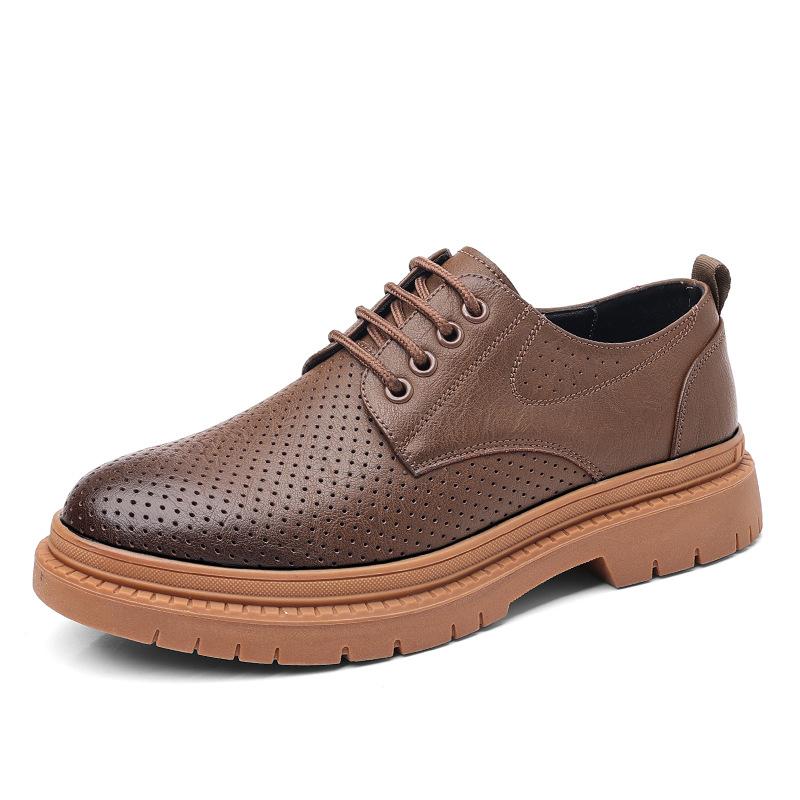 Leather shoes men's summer breathable casual men's shoes thin hollow black British trend 2025