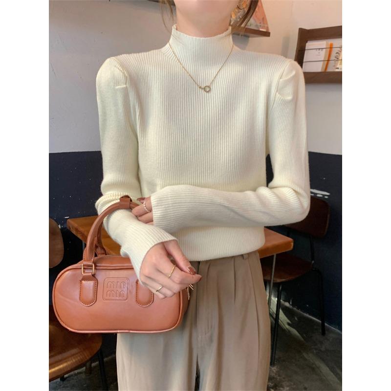 

Semi-turtleneck bubble long-sleeved primer sweater for women s autumn and winter slim-fitting and thin knitted sweater short top for women One size
