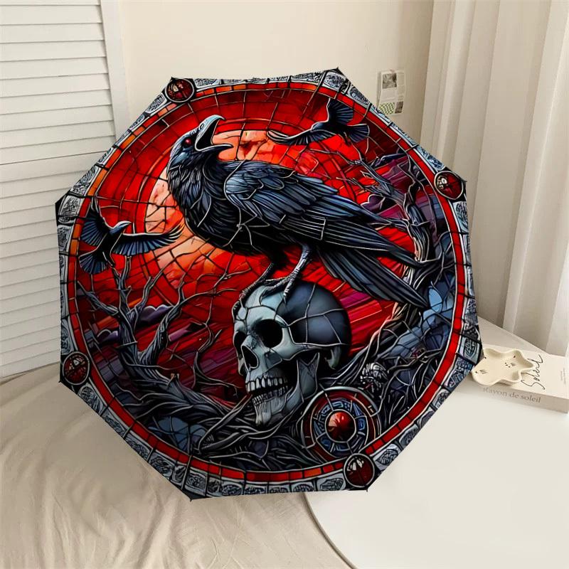 

1PC Stained Glass Raven Skull Umbrella-8-Rib Reinforced, Automatic Open, Lightweight & Durable, Cute Fashion Accessory for Outdoor-W129