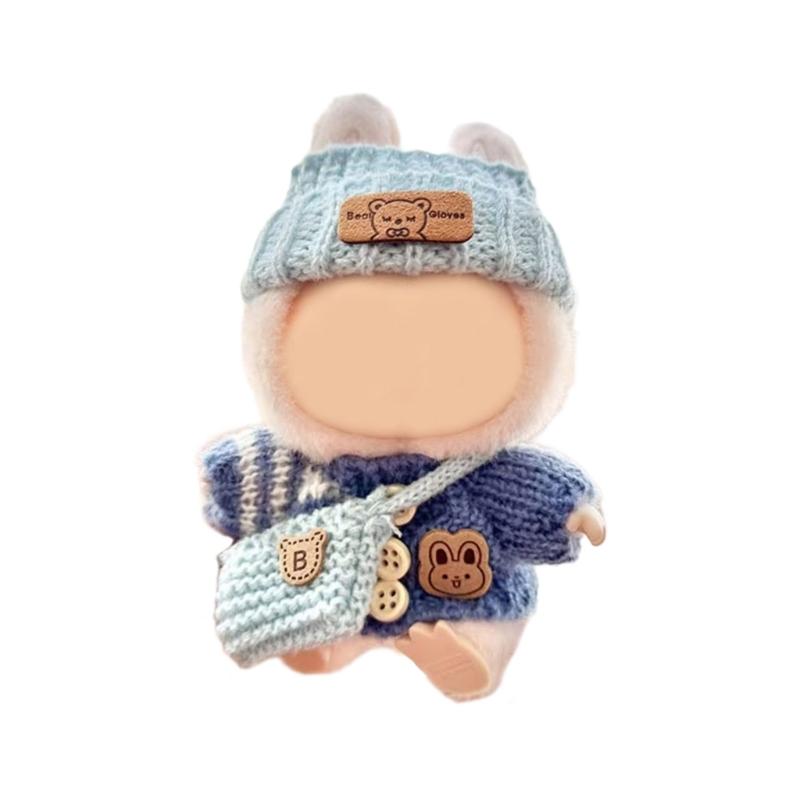 Stilvolles Strickbekleidungsset für 17cm Puppen mit modischem Pullover, Mütze und Tasche. Großartig für Sammler- und Kinderpuppen.