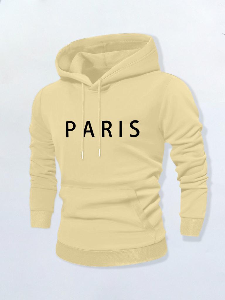 Simple Solid Color PARIS Letter Hooded Sweater, Navy Blue Basic Men's Casual Shoulder Hoodie High Street