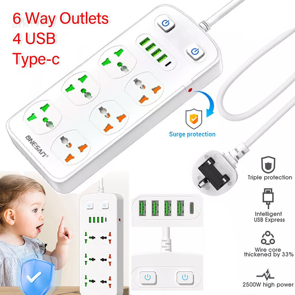 Power Strip Surge Protection Multi Socket 6 Outlets UK/US/EU Plug 1.8m Extension Cord with Type C 4USB Port Electrical Table Socket