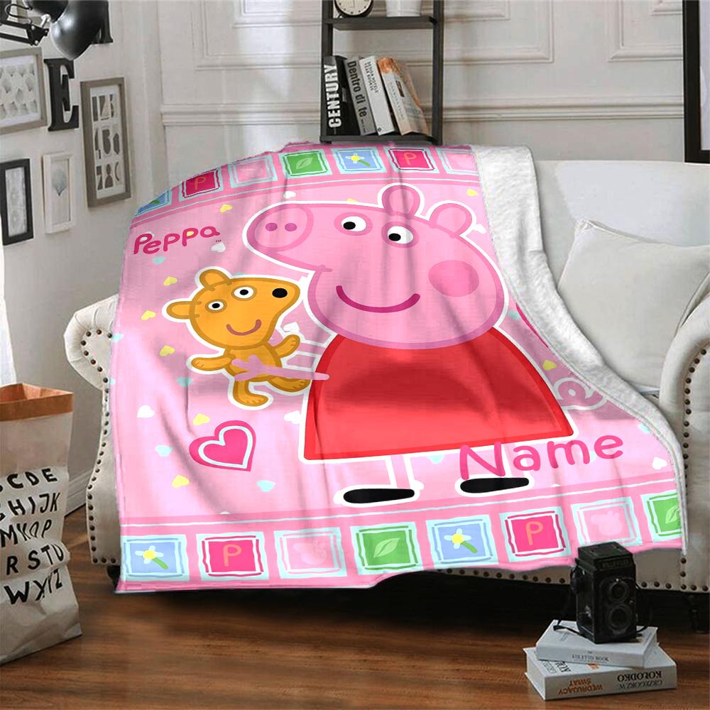 Custom Name Peppa Pig Theme Printed Blanket - Perfect for Couch, Bed, Travel & Outdoor Use | Machine Washable, Cozy & Durable.