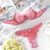Women Sexy Pink Eyelash Lace Sheer Lingerie Set With Push Up Bra