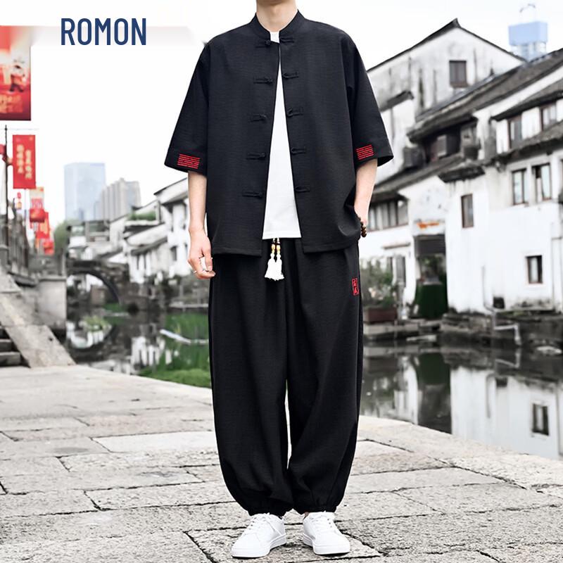 ROMON Men s New Chinese Style Ice Silk Short Sleeve Shirt Set 3XL