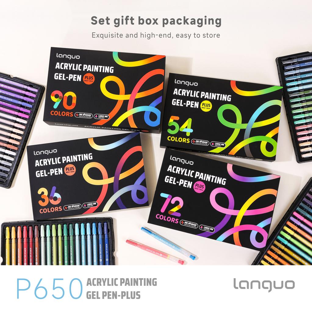 Languo Akrylový malířský gelový perový set 90/36 barev/krabice 1,0 mm Velkokapacitní inkoustový pero pro deník Student Psací kreslící popisovače