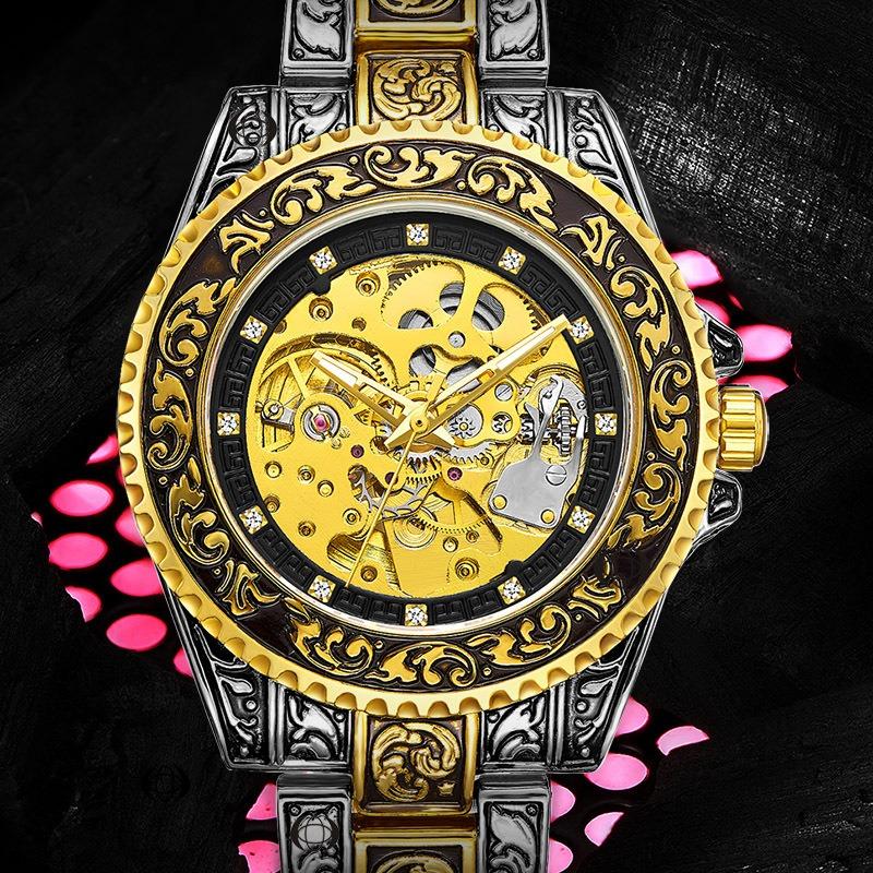 Mechanical watch, new style men's fashion hollow retro engraving, automatic mechanical watch