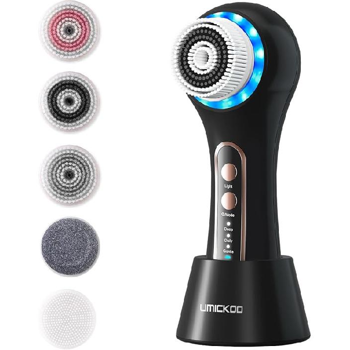 Face Scrubber Exfoliator,Facial Cleansing Brush Rechargeable IPX7 Waterproof with 5 Brush Heads,Electric Face Spin Brush for Exfoliating, Massaging Black+gold