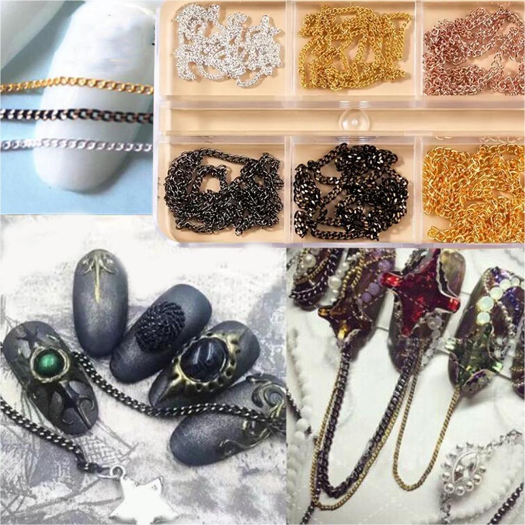 6 Grids Rock Style Nail Art Chains Mixed Metal Accents Classic Gothic DIY Nail Jewelry Accessories