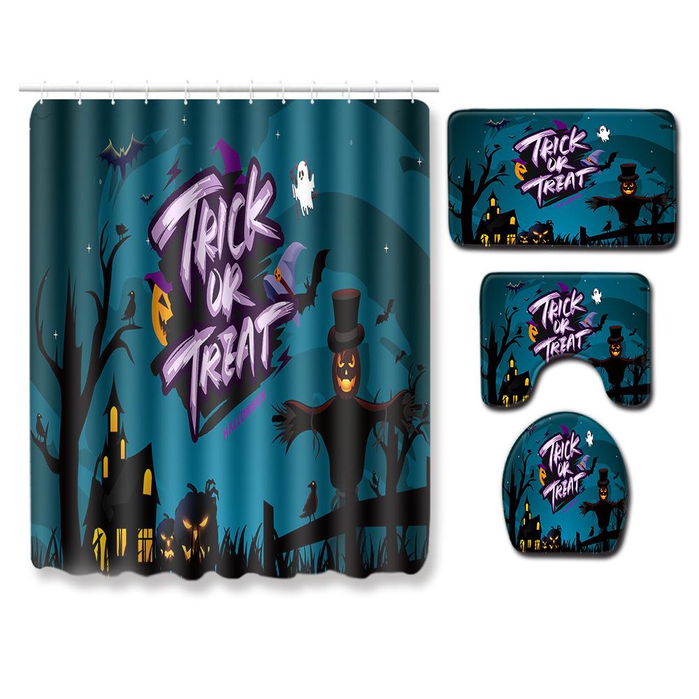 Halloween Shower Curtain Floor Mat Combination Four-Piece Set Bathroom Toilet Carpet Shower Room Foot Mat