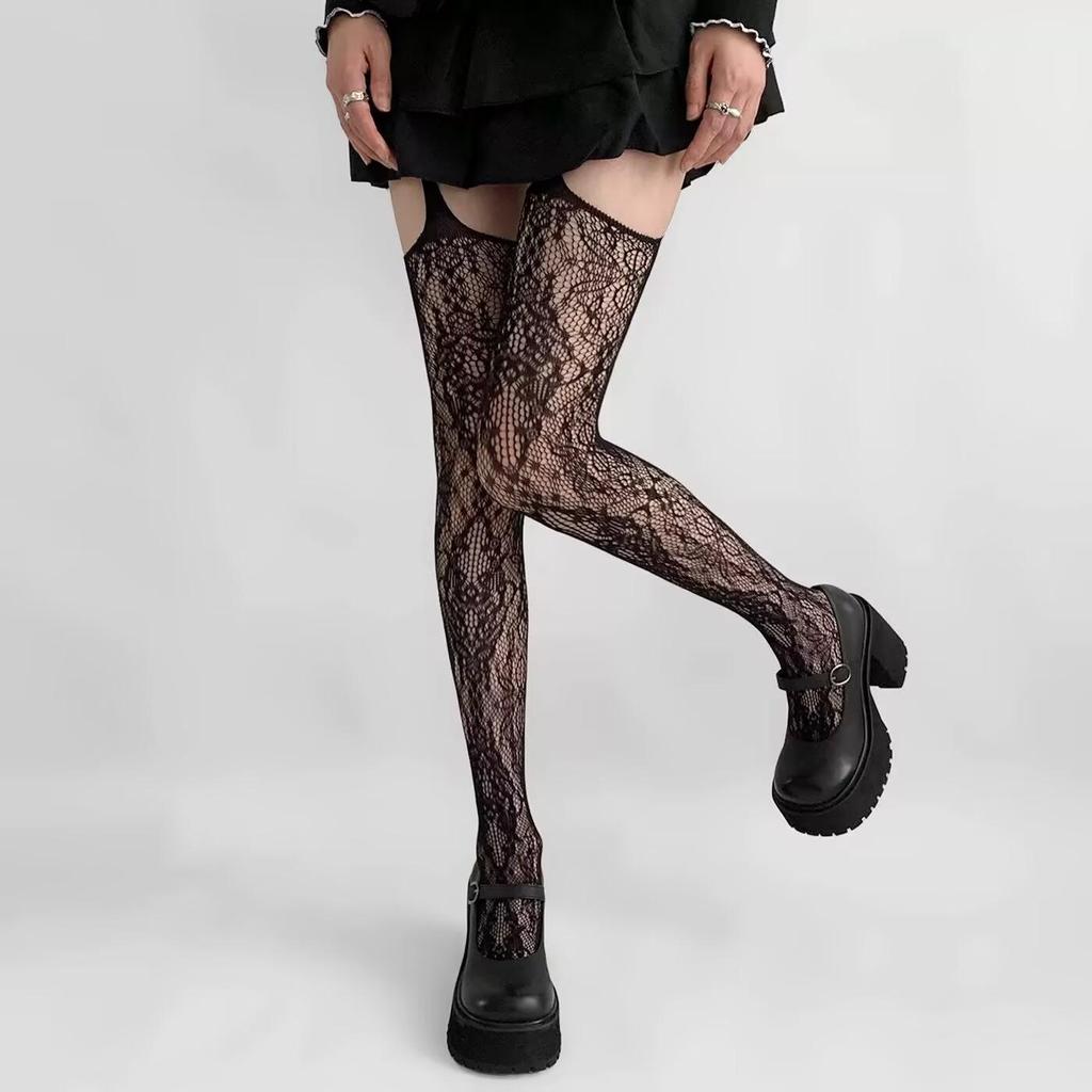 Retro Purple Jacquard Suspender Stockings - Sexy Irregular Ripped Y2K Pantyhose for Women