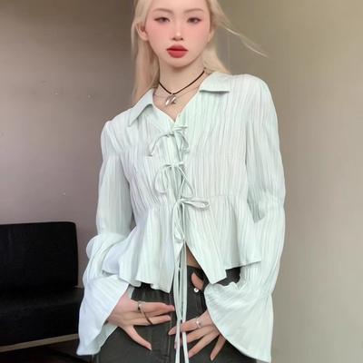 Short Style Lace Up Women's Shirt French Version V-neck Solid Color Flared Sleeve Woman Blouse Spring New Trendy Fashionable Famale Top