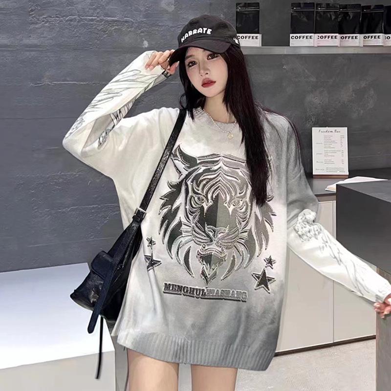 Women's Lightning Tiger Knit Sweater - Rhinestone Loose Fit 2024