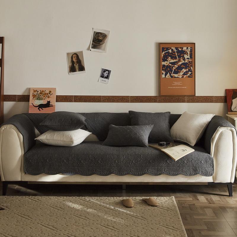 

French Retro Solid Color Pure Cotton Sofa Cushion Simple Embroidery Four-Season Non-Slip Sofa Towel Cover Seat Cushion Bay Window Seat Cushion 70*70cm