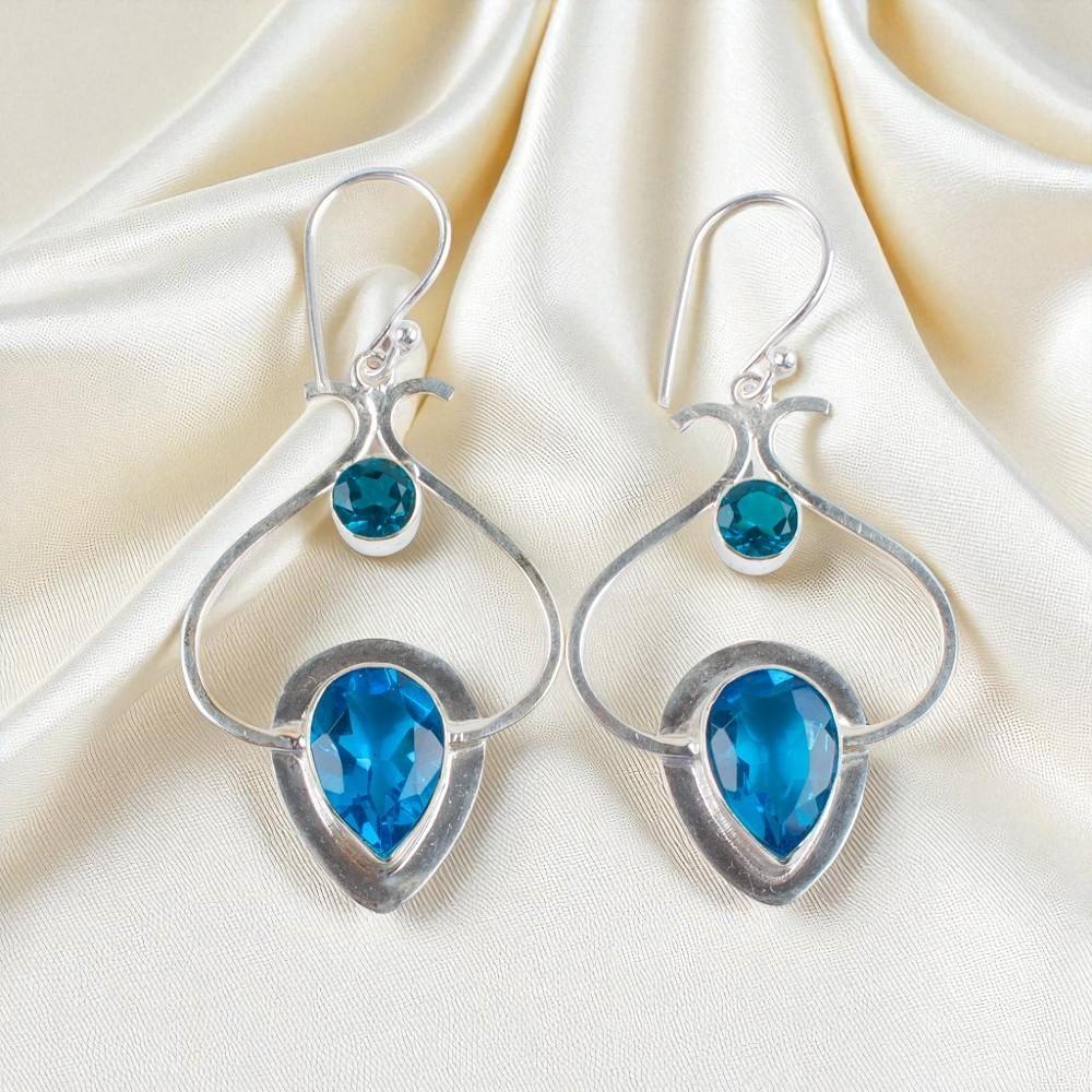 Swiss Blue Topaz Gemstone 925 Sterling Silver Jewelry Handcrafted Earrings 2.2" EE-80-11