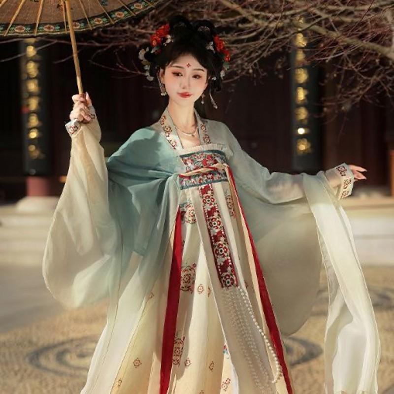 Womens Tang Dynasty Style Hanfu Set With Embroidered Floral Design Wide Sleeve Top Pleated Skirt Colorway