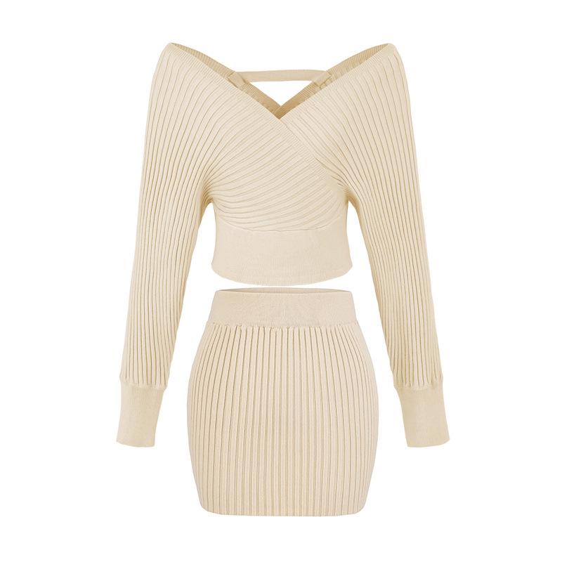 Korean Style 2026 V-Neck Off-Shoulder Knit Top + High-Waist Skirt Set for Women